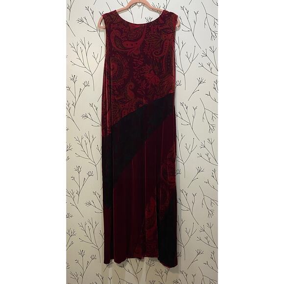 Burgundy Paisley Asymmetrical Velvet Mix Print Burnout Maxi Dress 20W Whimsygoth - Picture 4 of 7